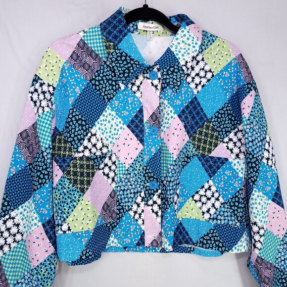 Another Girl Cropped Boxy Jacket Size 8 Patchwork Front Pockets Eclectic Boho - Picture 2 of 16